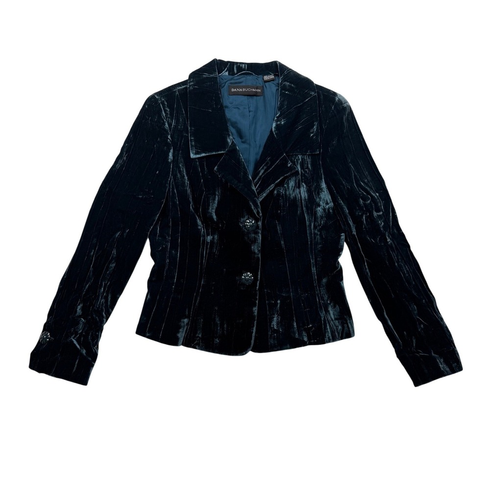 Dana Buchman Size 8 Teal Crushed Velvet Blazer Jacket Y2K Two Button